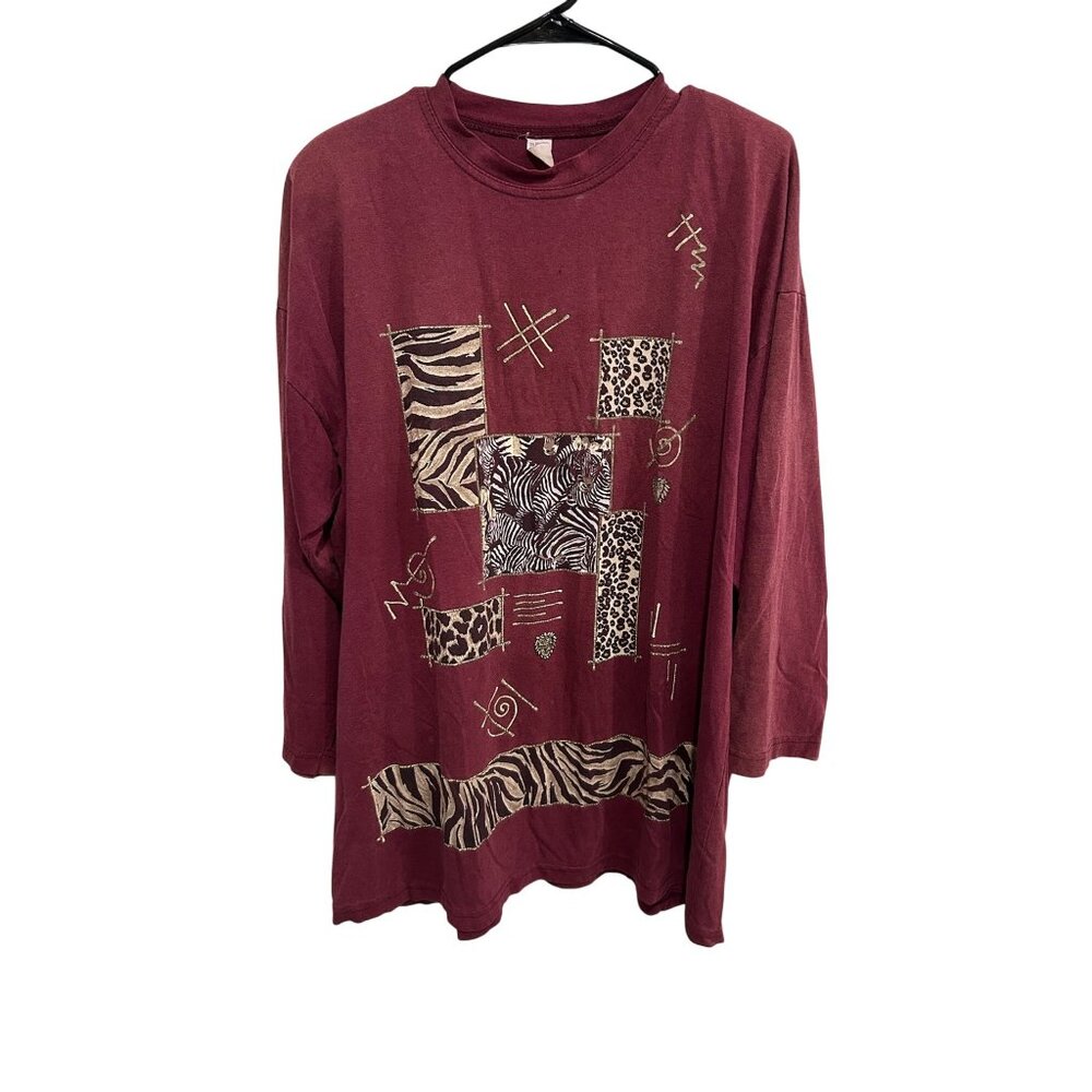 Vintage Animal Print Long Sleeve T-Shirt Maroon Multi Plus Size Crewneck